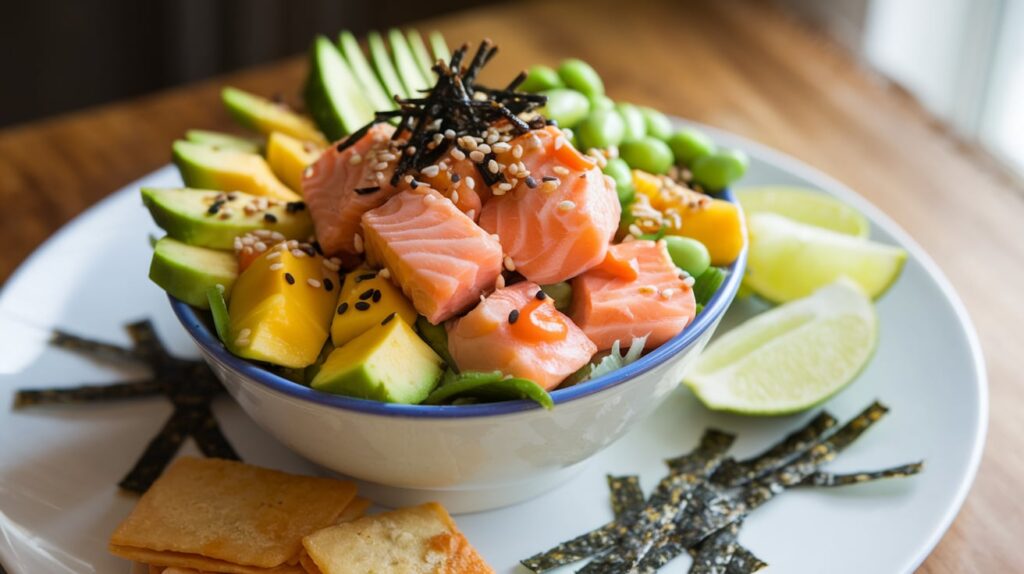 Salmon Poke Bowl with Fresh Avocado, Mango, and Crispy Toppings