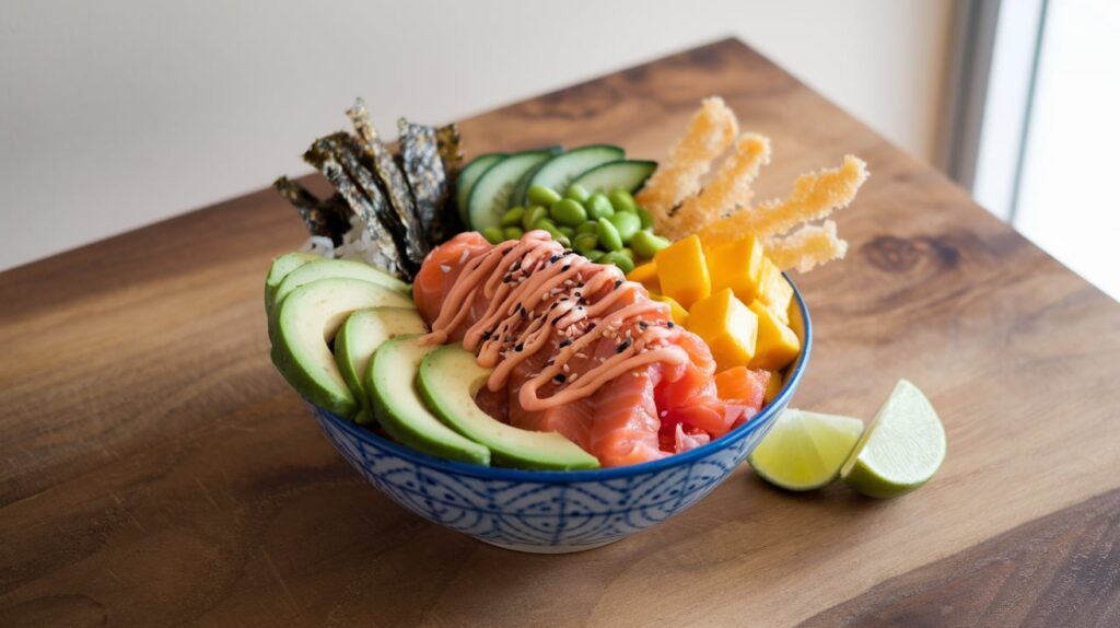 Colorful Salmon Poke Bowl with Spicy Mayo and Crunchy Wontons