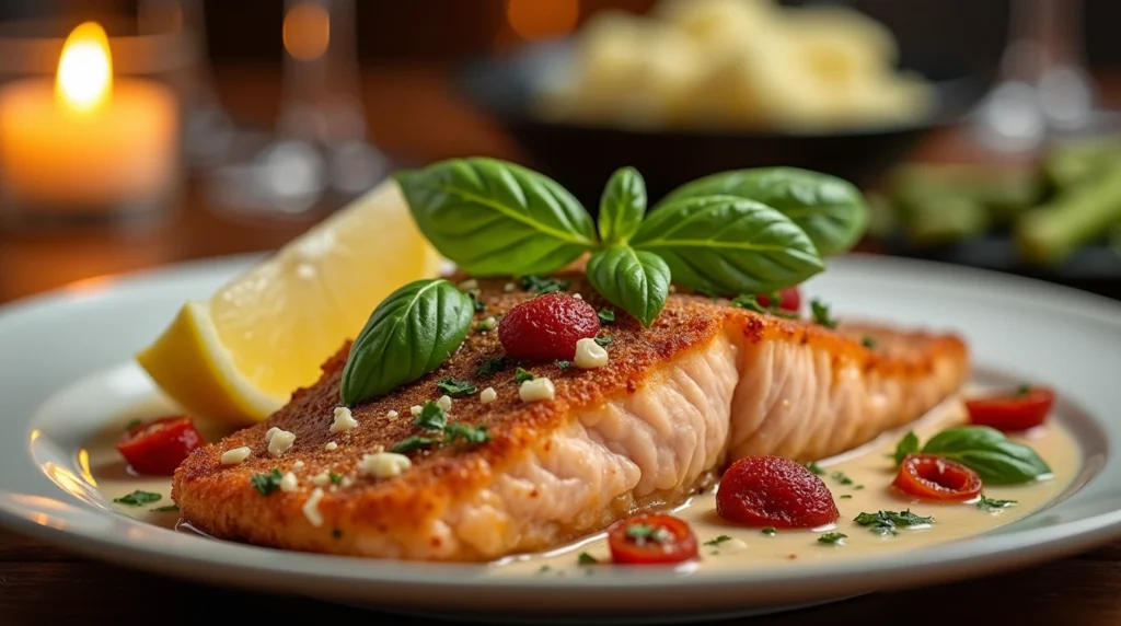  Marry Me Salmon with creamy garlic parmesan sauce, garnished with fresh basil and sun-dried tomatoes, served with roasted vegetables and mashed potatoes.